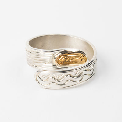 Hand carved 14k gold and silver Orca wrap ring with waves carved by Indigenous Canadian Artist Agnes Seaweed Wisden