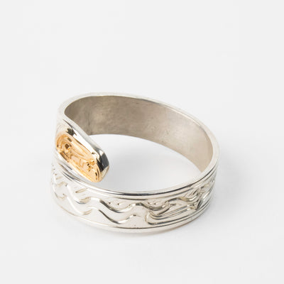 Hand carved 14k gold and silver Orca wrap ring with waves carved by Indigenous Canadian Artist Agnes Seaweed Wisden