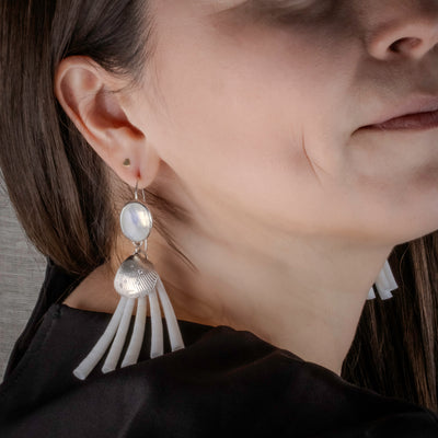 Sterling Silver Clamshell Earrings with Diamonds, Moonstone & Dentalium Shell by Morgan Asoyuf (Ts'ymsen)