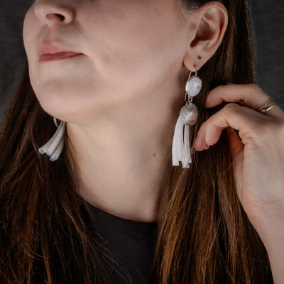 Sterling Silver Clamshell Earrings with Diamonds, Moonstone & Dentalium Shell by Morgan Asoyuf (Ts'ymsen)