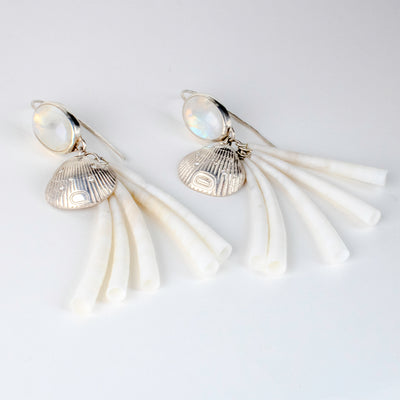 Sterling Silver Clamshell Earrings with Diamonds, Moonstone & Dentalium Shell by Morgan Asoyuf (Ts'ymsen)