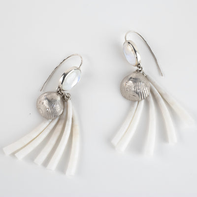 Sterling Silver Clamshell Earrings with Diamonds, Moonstone & Dentalium Shell by Morgan Asoyuf (Ts'ymsen)