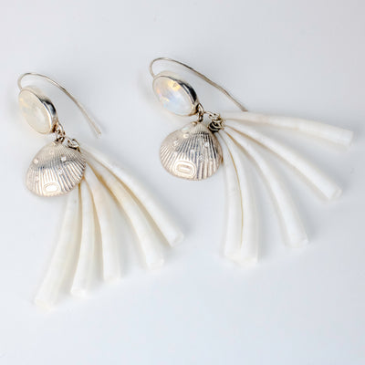 Sterling Silver Clamshell Earrings with Diamonds, Moonstone & Dentalium Shell by Morgan Asoyuf (Ts'ymsen)