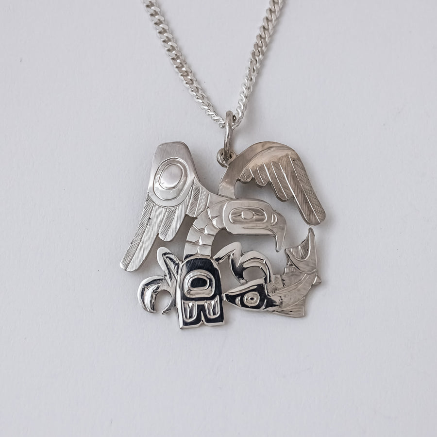 Sterling Silver Eagle & Salmon Pendant by Ding Hutchingson (Haida)