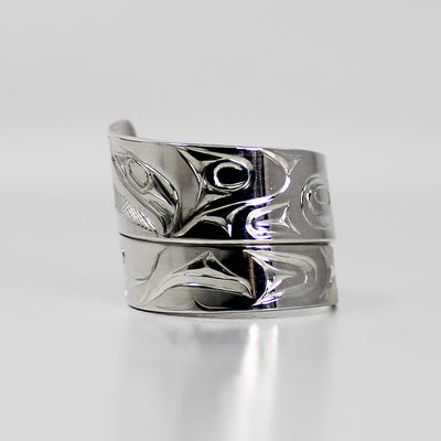 Wide Sterling Silver Raven Wrap Ring by James Sawyer (Haida) - Ring Size 11+