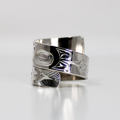 Wide Sterling Silver Raven Wrap Ring by James Sawyer (Haida) - Ring Size 11+