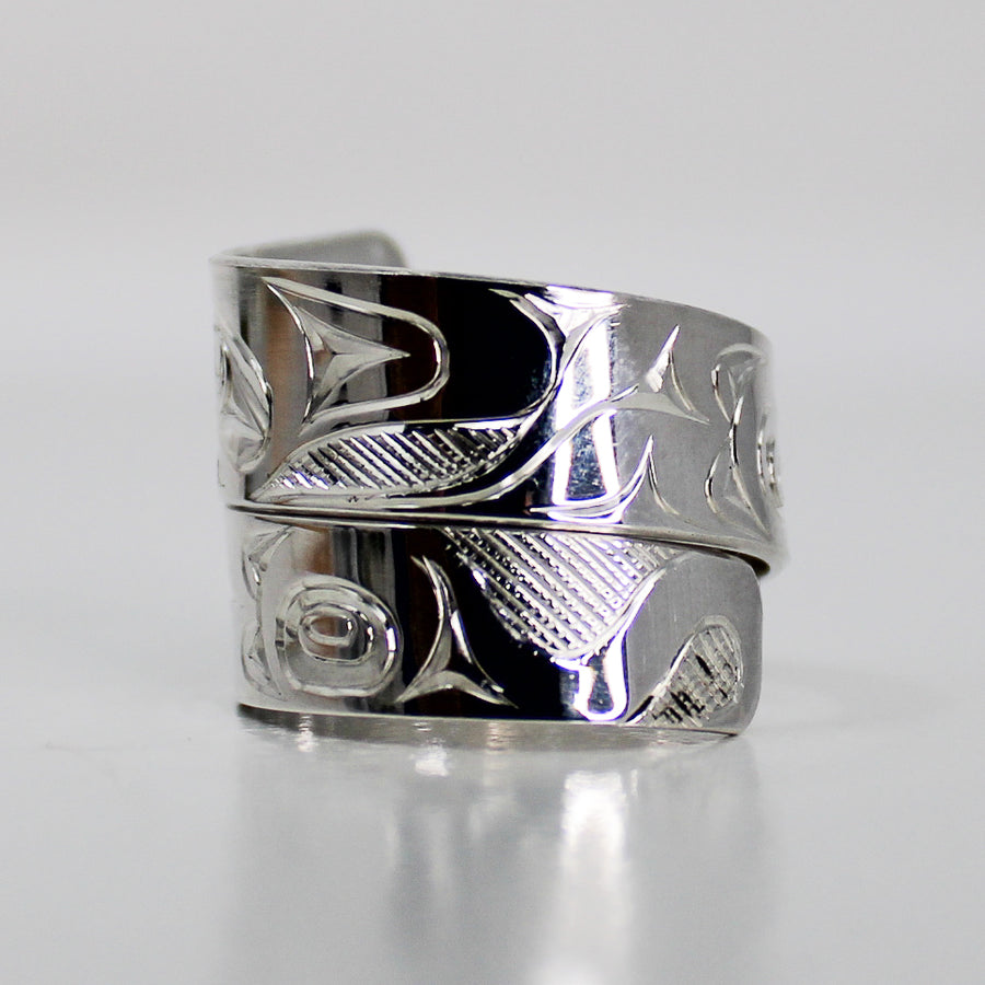 Wide Sterling Silver Wolf Wrap Ring By James Sawyer (Haida) - Ring size 11+