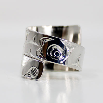 Wide Sterling Silver Wolf Wrap Ring By James Sawyer (Haida) - Ring size 11+