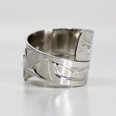 Wide Sterling Silver Wolf Wrap Ring By James Sawyer (Haida) - Ring size 11+