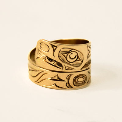 Wide 14K Gold Bear Wrap Ring by James Sawyer (Haida)