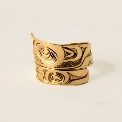 Wide 14K Gold Bear Wrap Ring by James Sawyer (Haida)