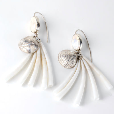 Sterling Silver Clamshell Earrings with Diamonds, Moonstone & Dentalium Shell by Morgan Asoyuf (Ts'ymsen)