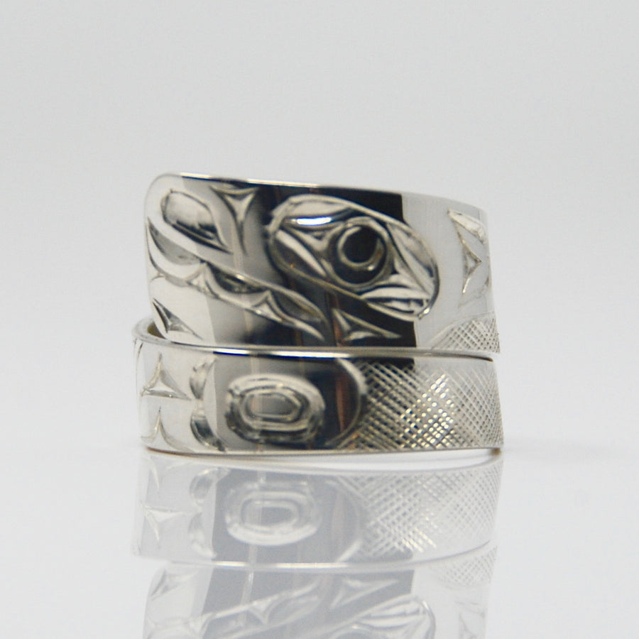 Wide Silver Wolf Wrap Ring by James Sawyer (Haida)